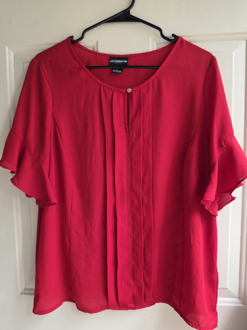 Liz Claiborne Bright Red Pleated Front Ruffle Sleeve Blouse